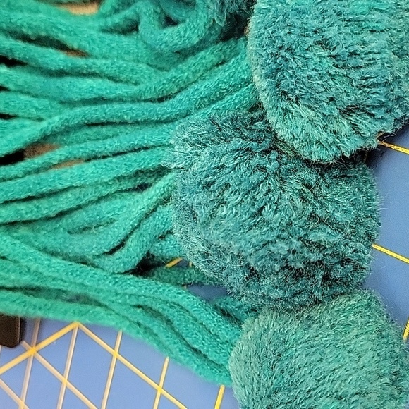 Teal Knit Scarf with Pom Poms Fringe 14" x 60" - Picture 2 of 2